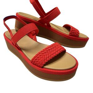 Rothys Sandal Womens 12 Lightweight Wedge Hot Red Woven Platform Ankle Strap‎